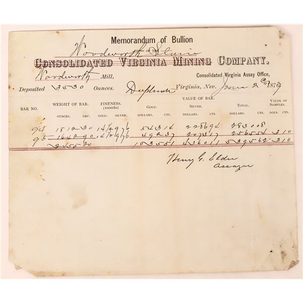 Con. Virginia Mining Co. Assay Office Memorandum for Woodworth Mill Sluice Bullion  1877  [164663]