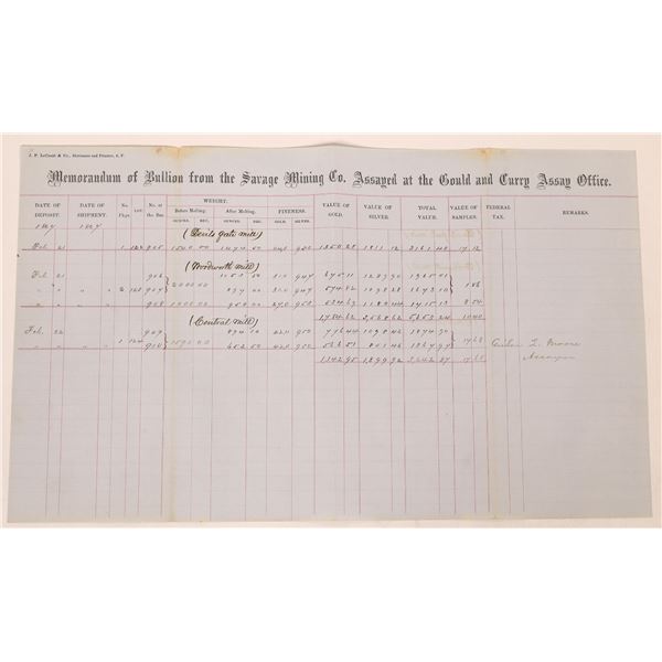 Gould & Curry Assay Office Bullion Memorandum for the Savage Mine, Devils Gate, Woodworth, & Central