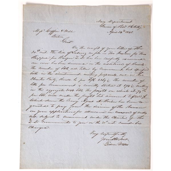 Gideon Wells Signed 1848 Letter  1848  [171268]