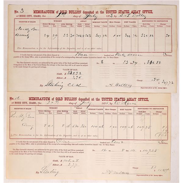 U.S.  Assay Office, Boise, 1873-1875 Bullion Receipts (2)    [173125]