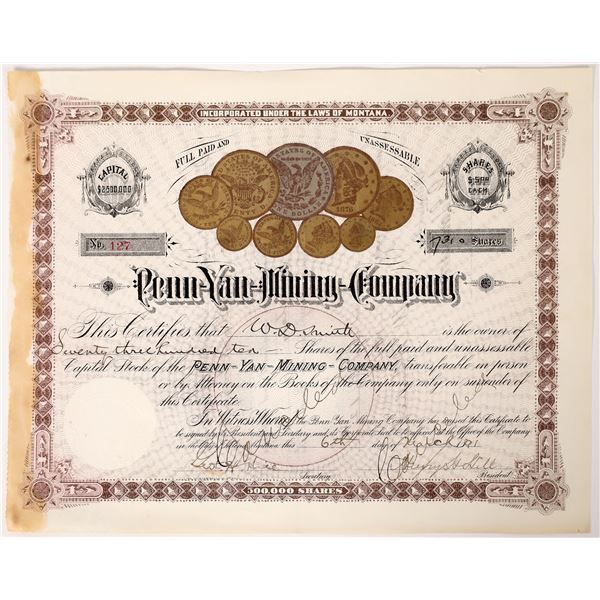 Penn Yan MC Stock Certificate w/ Coin Vignettes  1891  [173808]