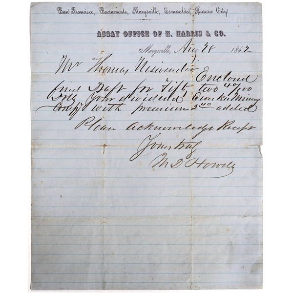 Harvey Harris & Co. Assay Office Letter, Marysville  1862  [158070]