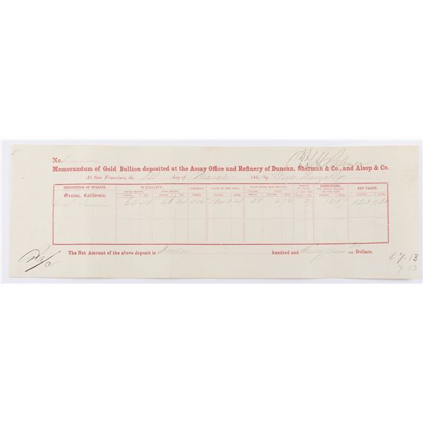 Duncan, Sherman, & Co. and Alsop & Co. - Gold Receipt, rec'd from W.F. c/o C.T.H. Palmer - w/Iridium