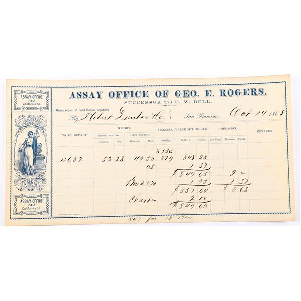 Geo. E. Rogers Assay Office - Gold Receipt, rec'd from Hobart, Dunbar & Co.  1868  [169263]