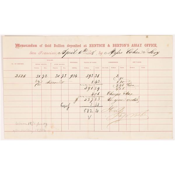 Hentsch & Berton Assay Office Memorandum of Gold Bullion, S.S. Central America Assayer  1868  [16696