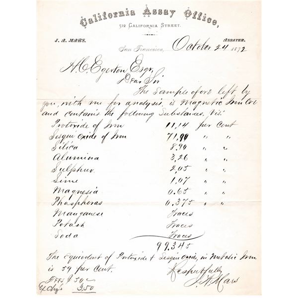 J.A. Mars Assayer - Ore for Assay Receipt, rec'd from H.C. Egerton  1872  [163556]