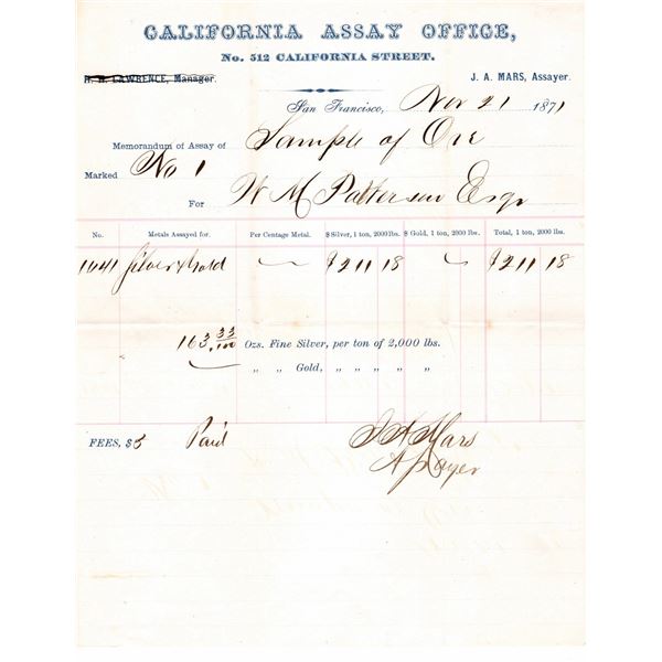 J.A. Mars Assayer - Ore for Assay Receipt, rec'd from H.M. Patterson, Esq.  1871  [163557]
