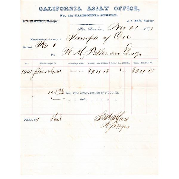 J.A. Mars Assayer - Ore for Assay Receipt, rec'd from H.M. Patterson, Esq.  1871  [163557]