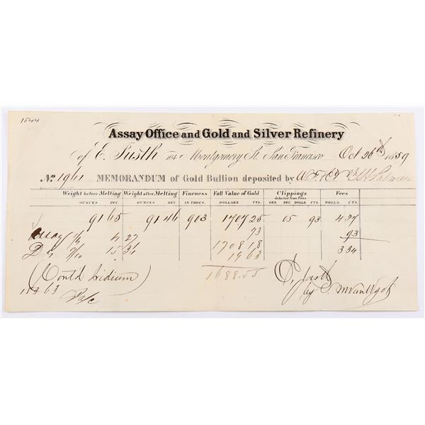 Justh Assay Office - Gold Receipt, rec'd from W.F. c/o C.T.H. Palmer - w/Iridium  1859  [169247]