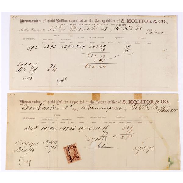 S. Molitor & Co. - Gold Receipts (2), rec'd from W.F. c/o C.T.H. Palmer  1863, 1864  [169254]