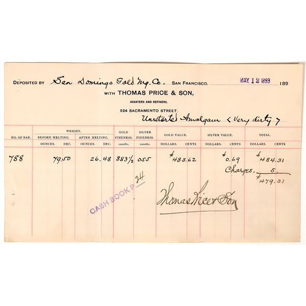 Thomas Price & Son - Assay Receipt, rec'd from San Domingo Gold Mining Co.  1899  [163566]