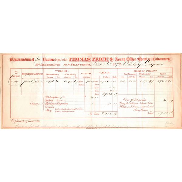 Thomas Price's Assay Office - Gold Bullion Receipt, rec'd from Bank of California  1877  [163564]