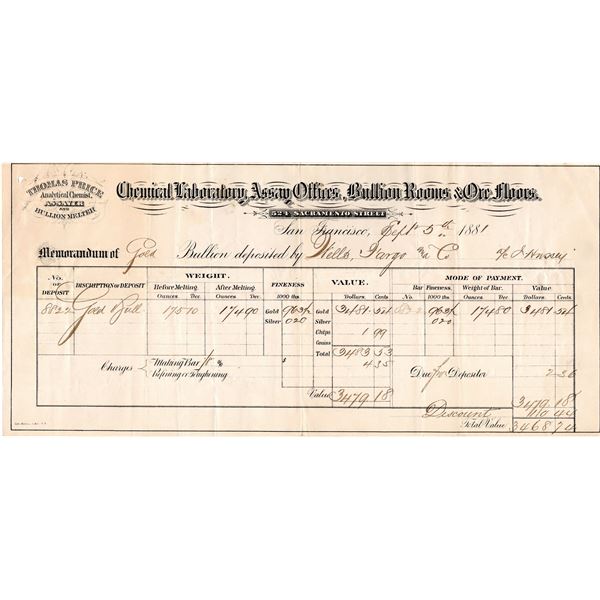 Thomas Price's Assay Office - Gold Bullion Receipt, rec'd from W.F. & Co.  1881  [163565]