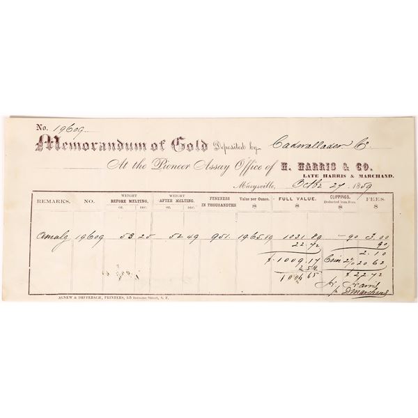 SSCA: H. Harris & Co. Memorandum of Gold, 1859     [173239]