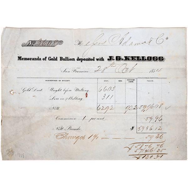 J. G. Kellogg Assay Receipt  1854  [173246]