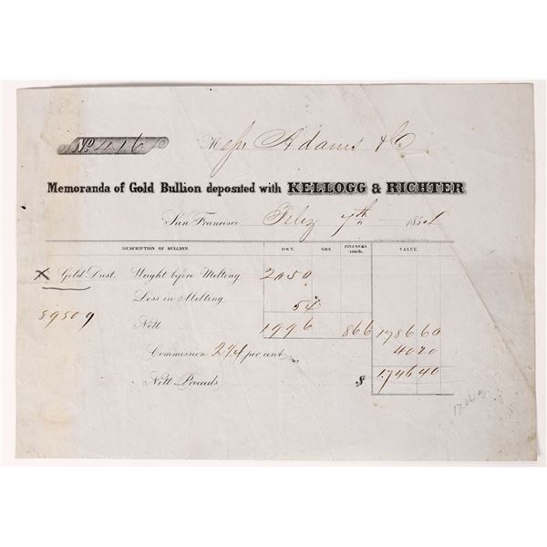 SSCA- Kellogg & Richter Memoranda of Gold Bullion, 1854   1854  [175694]