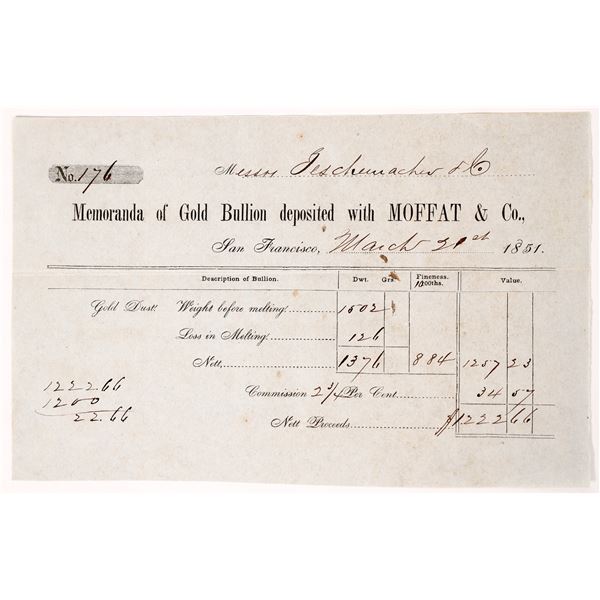 SSCA: Moffatt & Co. Assay Receipt, March 1851  1851  [173232]