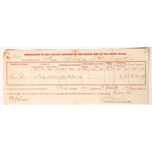 SSCA: U. S. Branch Mint Memorandum of Gold Bullion, 1864  1864  [173255]