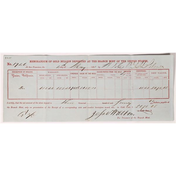 SSCA: U. S. Branch Mint SF Memorandum of Gold Bullion, 1860  1860  [173257]