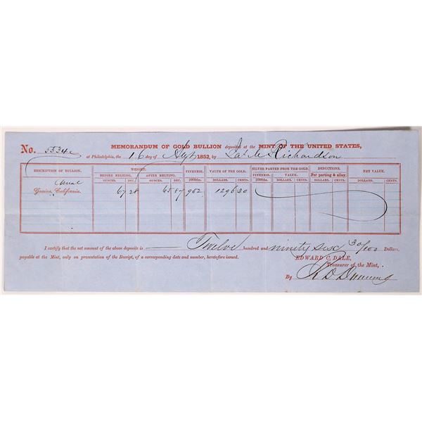 SSCA: Memorandum of Gold Bullion Mint of U. S., 1852,  Amalgum   1852  [173256]