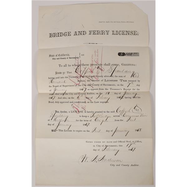 Sacramento Bridge and Ferry License, c. 1867    [171140]