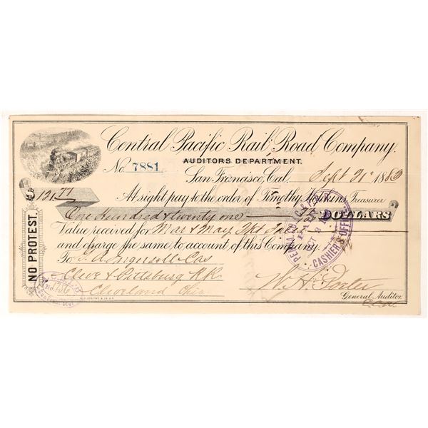 Central Pacific Rail Road Company Check  1883  [171081]