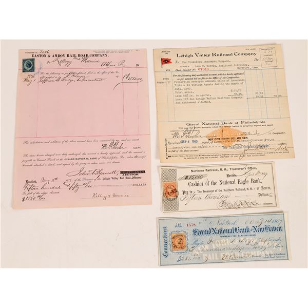 Revenue Stamped Railroad Documents incl. Rare Checks (4)  1867-1900  [155844]