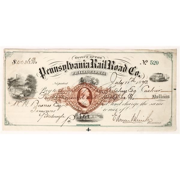 Pennsylvania Railroad Bank Check with RN-J5  1873  [171091]