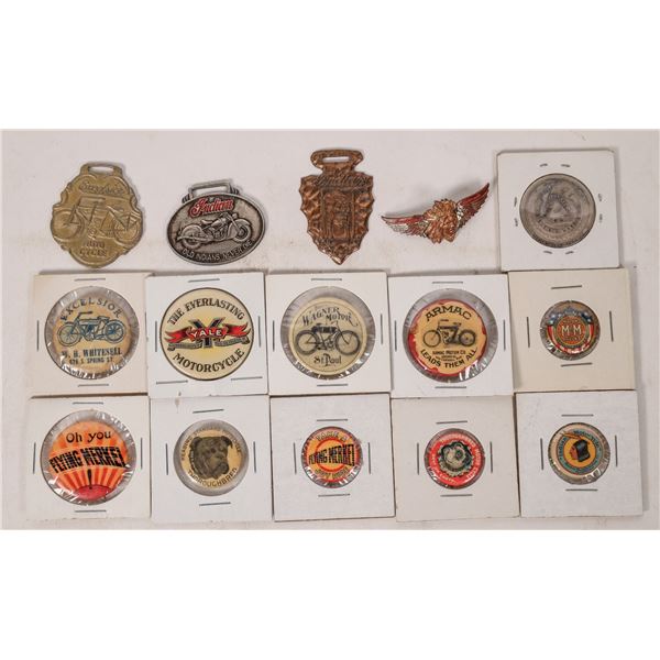 Vintage Motorcycle pinbacks, fobs, and a Coin    [172721]