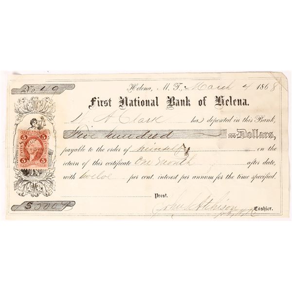 Early W A Clark Deposit Slip, c. 1868    [175570]