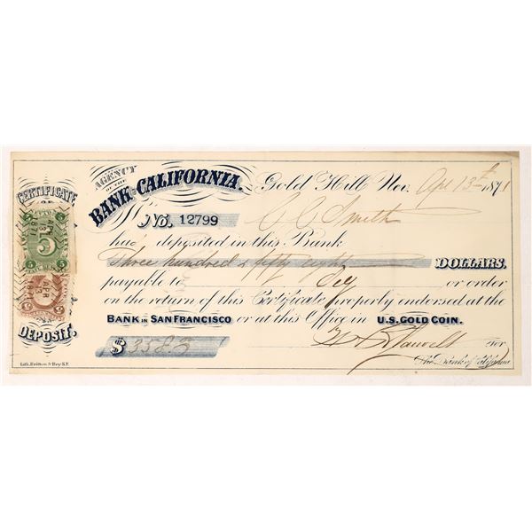 Bank of California Gold Hill Nevada Check  1871  [171082]