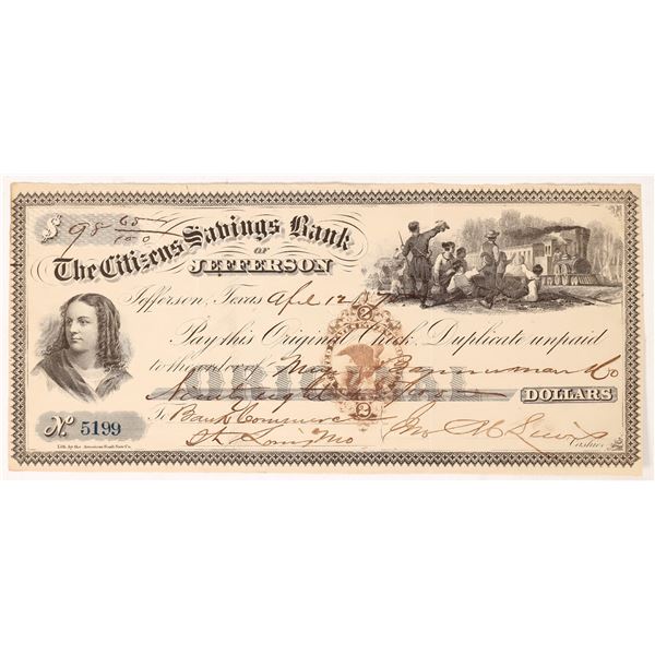 Citizens Savings Bank of Jefferson Bank Check  1876  [171092]