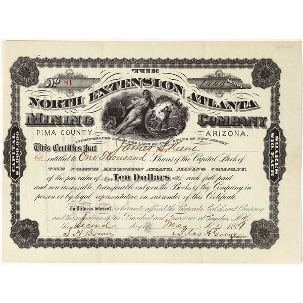 North Extension Atlanta Mining Co Stock, Pima County, Arizona, 1881    [165470]