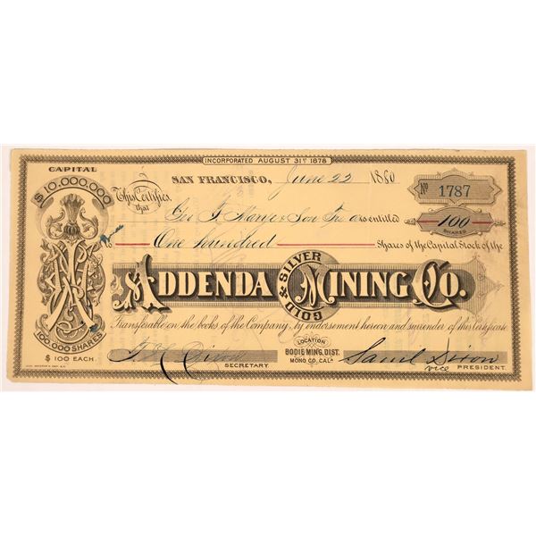 Addenda Silver & Gold Mining Company Stock  1880  [123542]