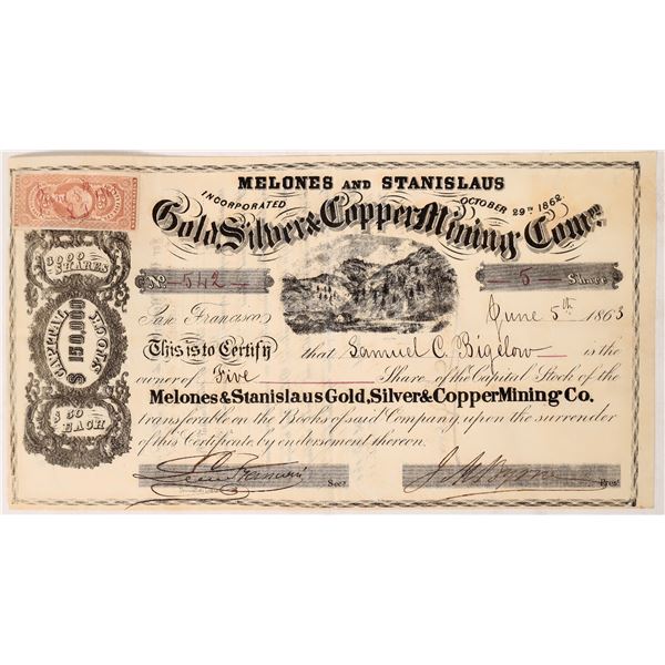 Melones and Stanislaus GS&C MC stock, 1862, very rare    [173193]