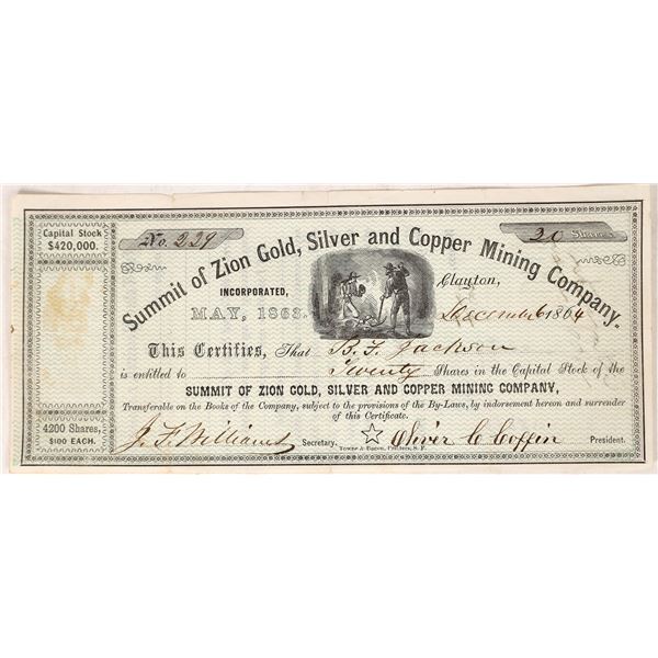 Summit of Zion Mining Company Stock Certificate  1864  [172989]