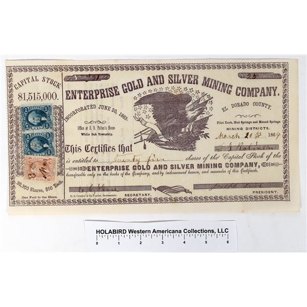 Enterprise Gold & Silver Mining Company Stock Certificate  1864  [155348]