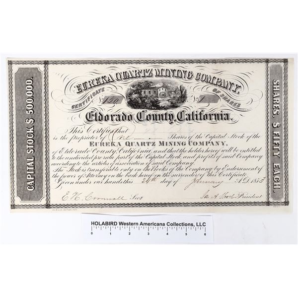 Eureka Quartz Mining Company Stock Certificate, Gold Rush Era  1853  [155351]