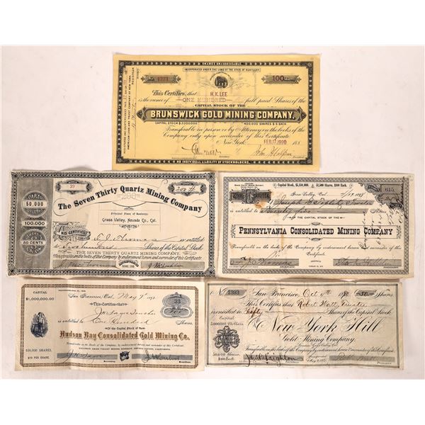 Grass Valley California Mining Stock Certs (5)  1890s   [171524]