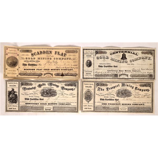 Grass Valley Mining Stock Certs (4)  1870s  [171526]