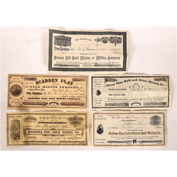 Scadden Flat Mine & More Grass Valley Mine Stock Certificates (5)  1890s  [171525]