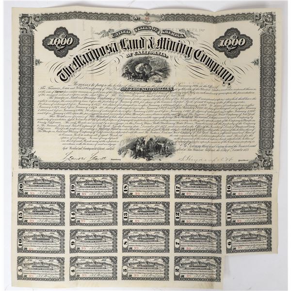 Mariposa Land & Mining Company $1,000 Bond w/ John Marshall Discovery Nugget Vignette  1875  [155356