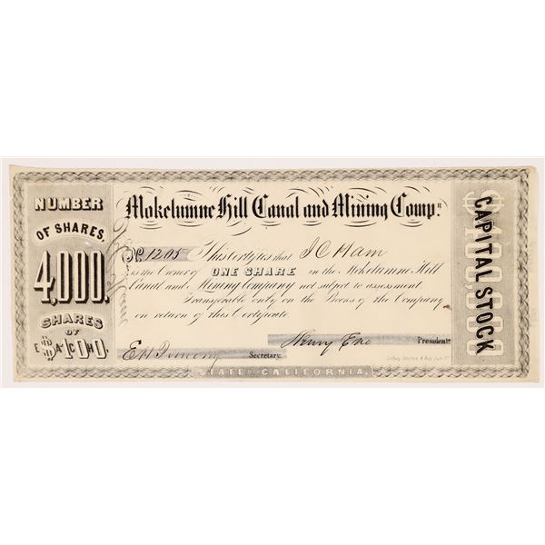 Mokelumne Hill Canal & Mining Co. Stock Certificate, Gold Rush  c.1850s  [166959]