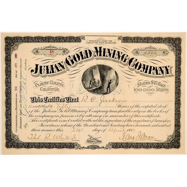 Julian Gold Mining Company Stock Certificate  1880  [169304]