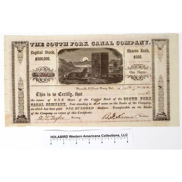 South Fork Canal Company Stock Certificate, Gold Rush  1852  [155322]