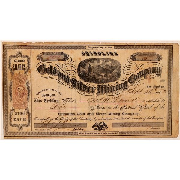 Crinoline Gold & Silver Mining Company Stock Certificate  1863  [107710]