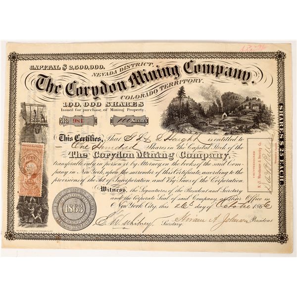 Corydon Mining Company Stock, Nevadaville 1866    [169076]