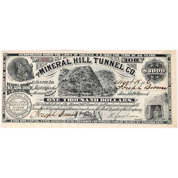 Mineral Hill Tunnel Co. Stock, 1886, imitation $1000 bill on reverse - Breckenridge    [169060]