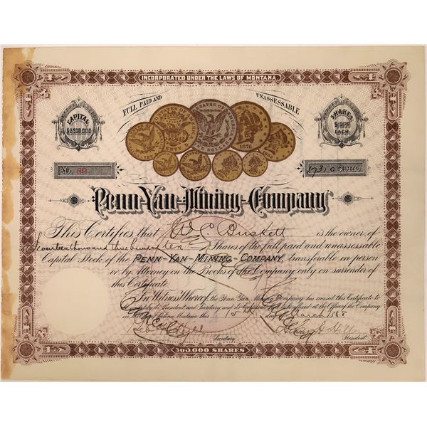 Penn-Yan Mining Stock Certificate  1888  [129692]