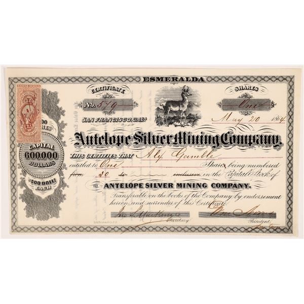 Antelope Silver Mining Company Stock Certificate -- Mark Twain Connection  1864  [166931]